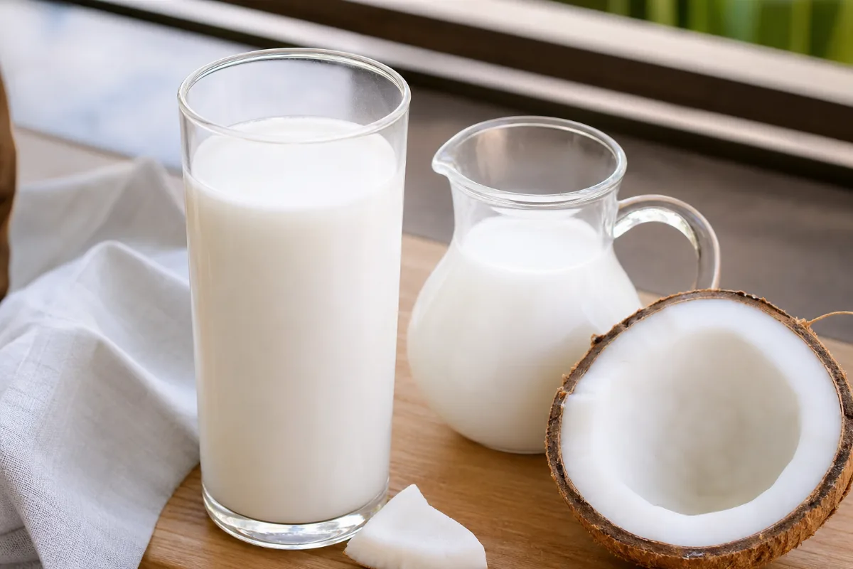 Close-up of coconut milk beverage