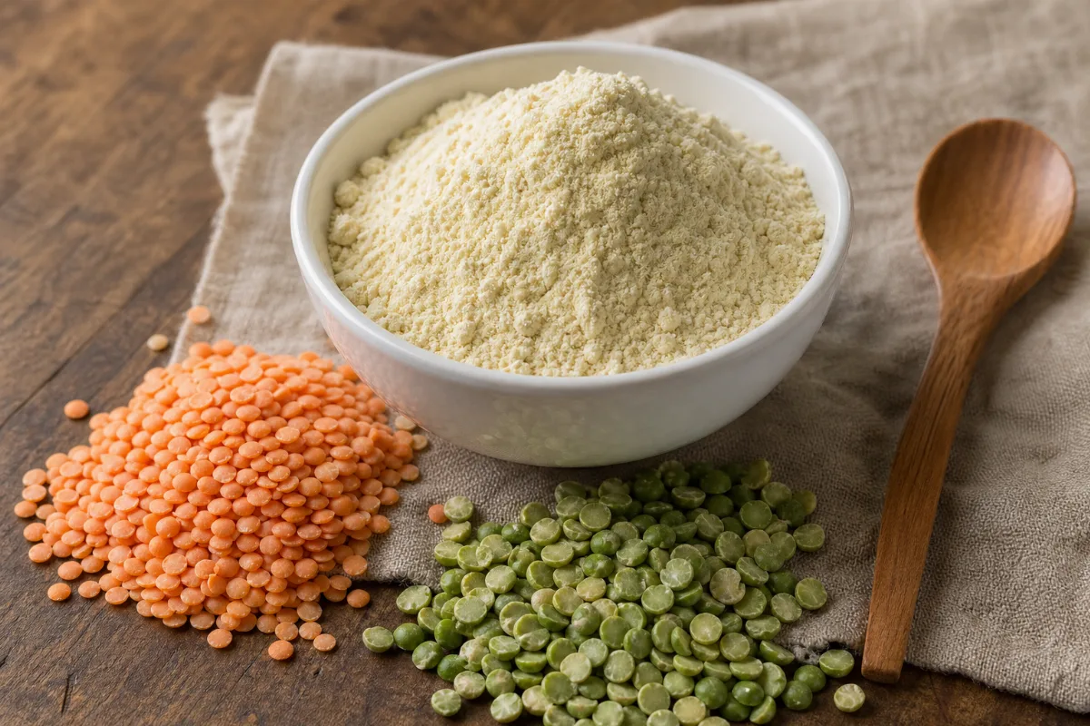Close-up of pulse flours (lentil, pea & fava)