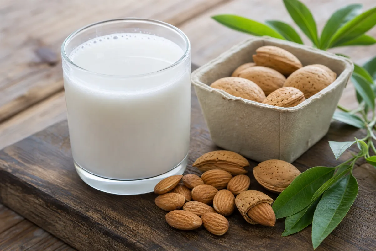 Close-up of nut milks (almond, cashew and others)