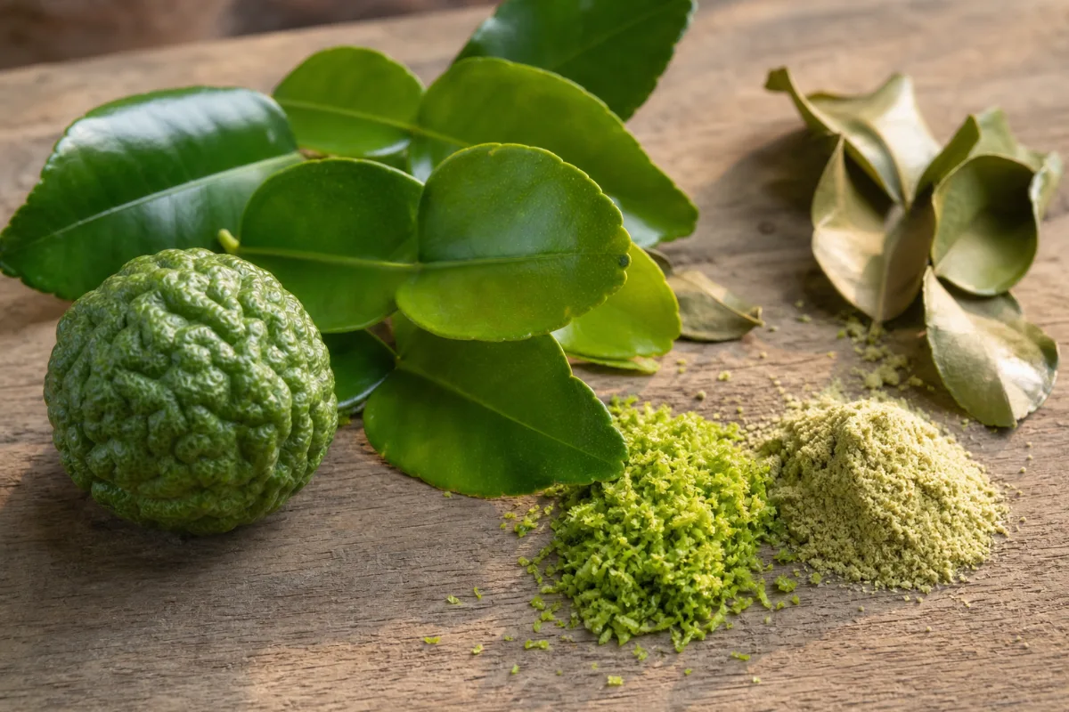 Close-up of makrut (kaffir) lime leaf