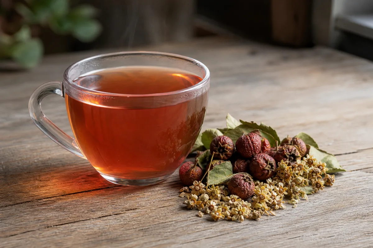 A glass cup of amber hawthorn tea beside a small pile of dried hawthorn berries, leaves and flowers on a wooden table