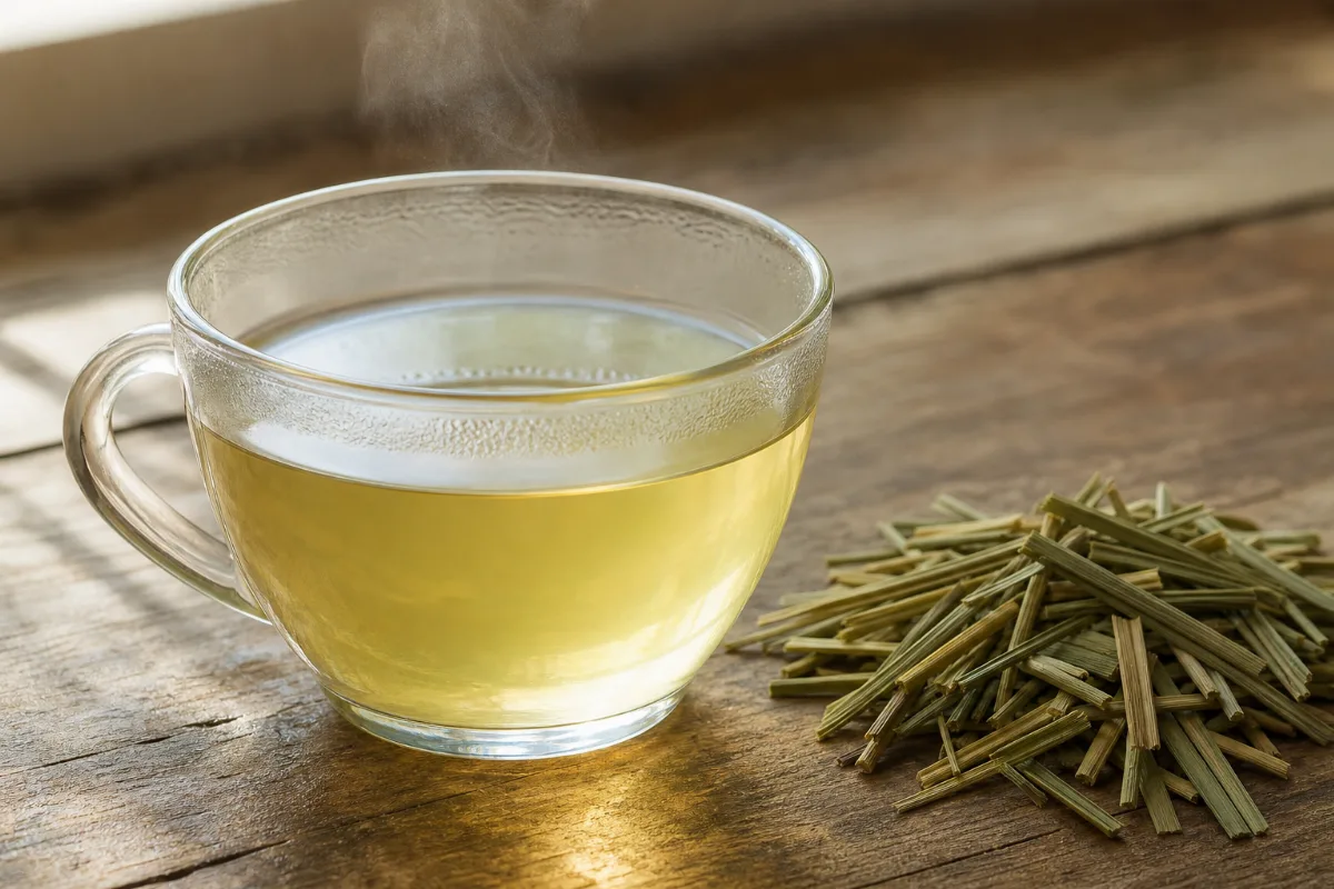 A clear glass cup of pale golden lemongrass tea beside fresh and dried lemongrass leaves