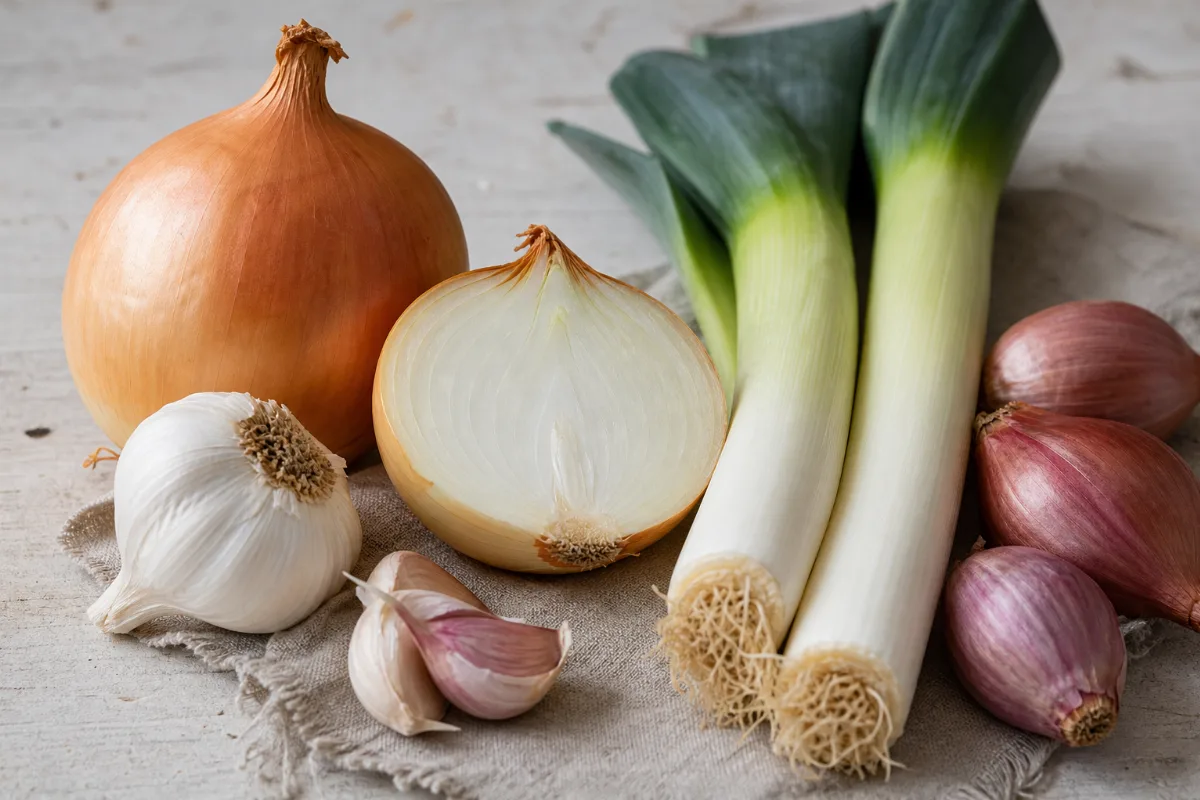 Close-up of onions, garlic & allium vegetables (overview)