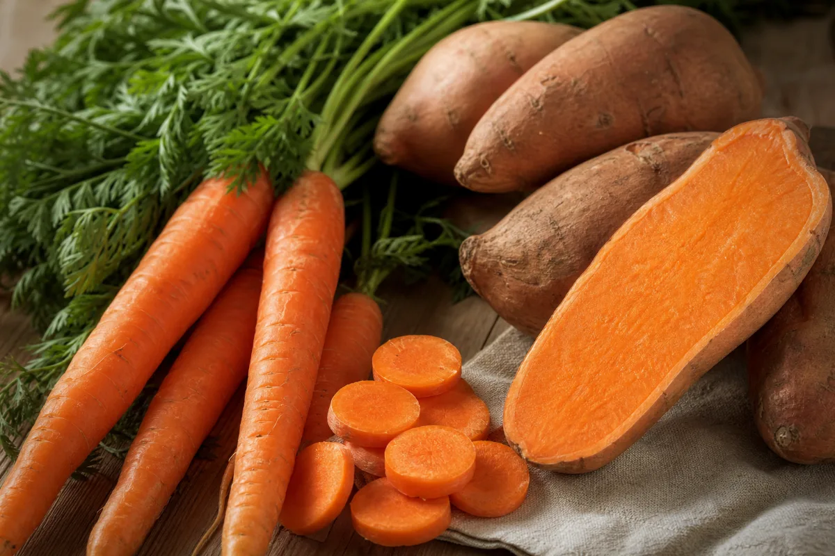 Close-up of sweet potatoes, carrots & orange vegetables